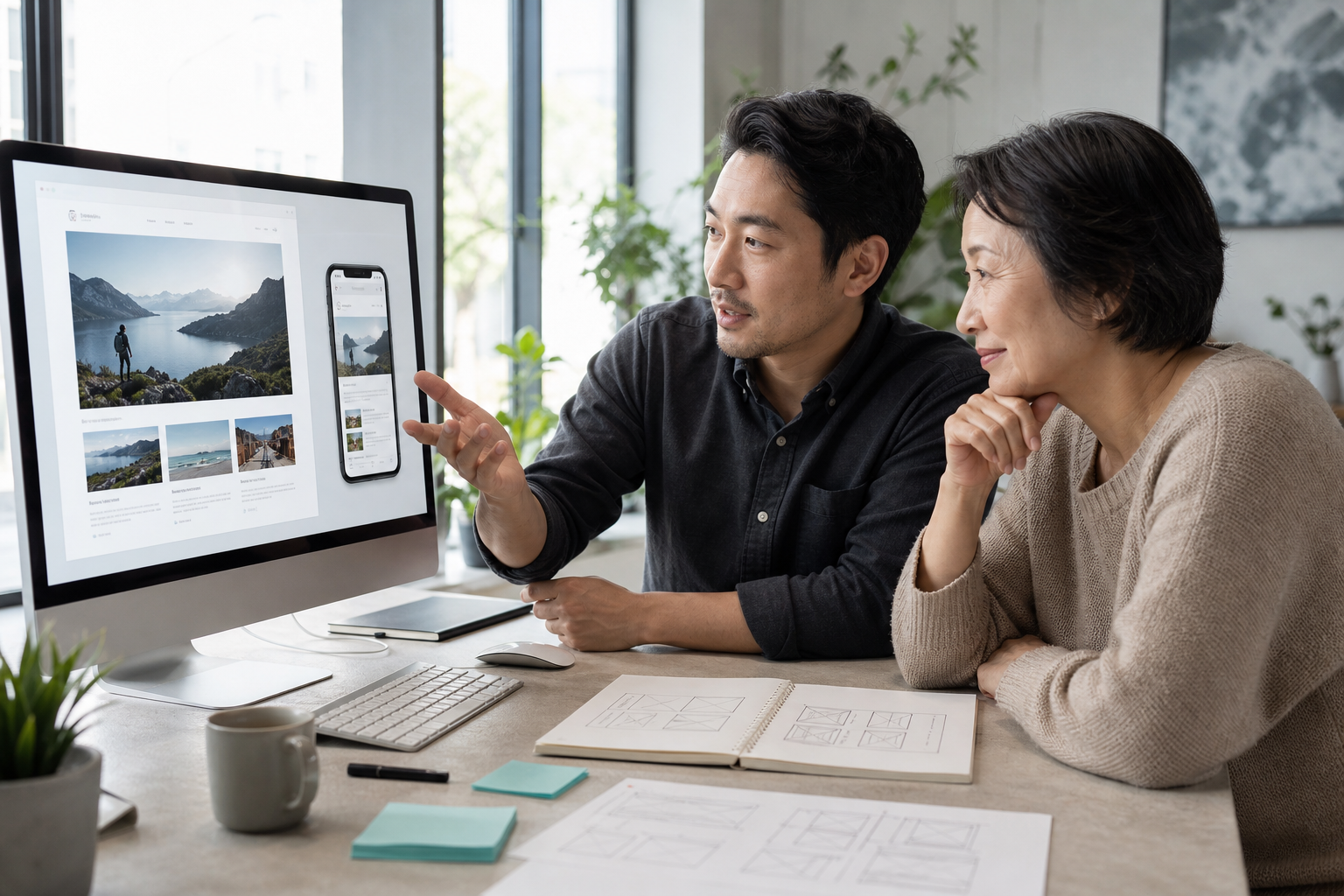 A designer and a client sitting together at a studio desk, reviewing a website layout on a large screen.