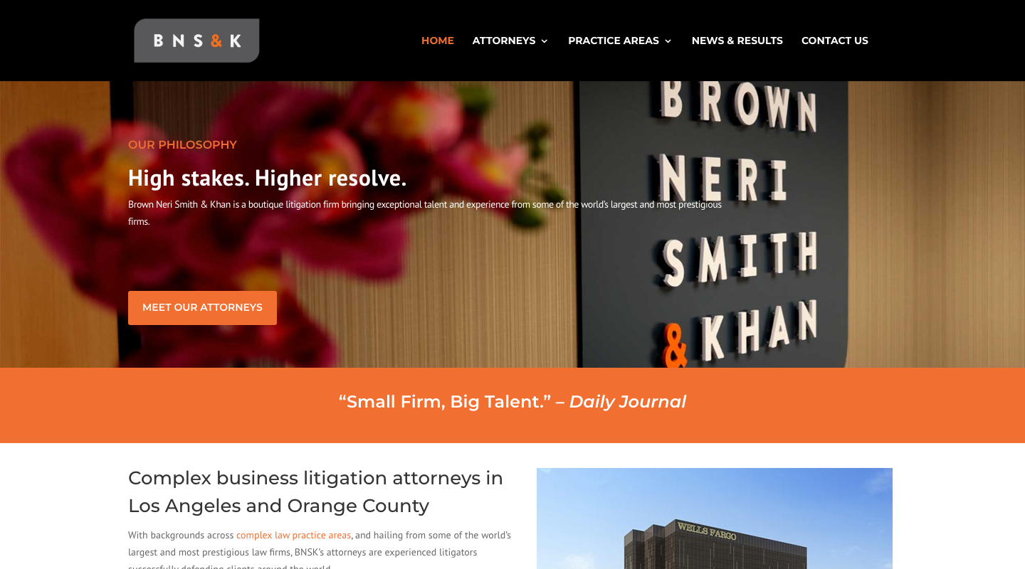 Homepage of Brown Neri Smith & Khan, a Los Angeles litigation firm, with the headline High stakes. Higher resolve.