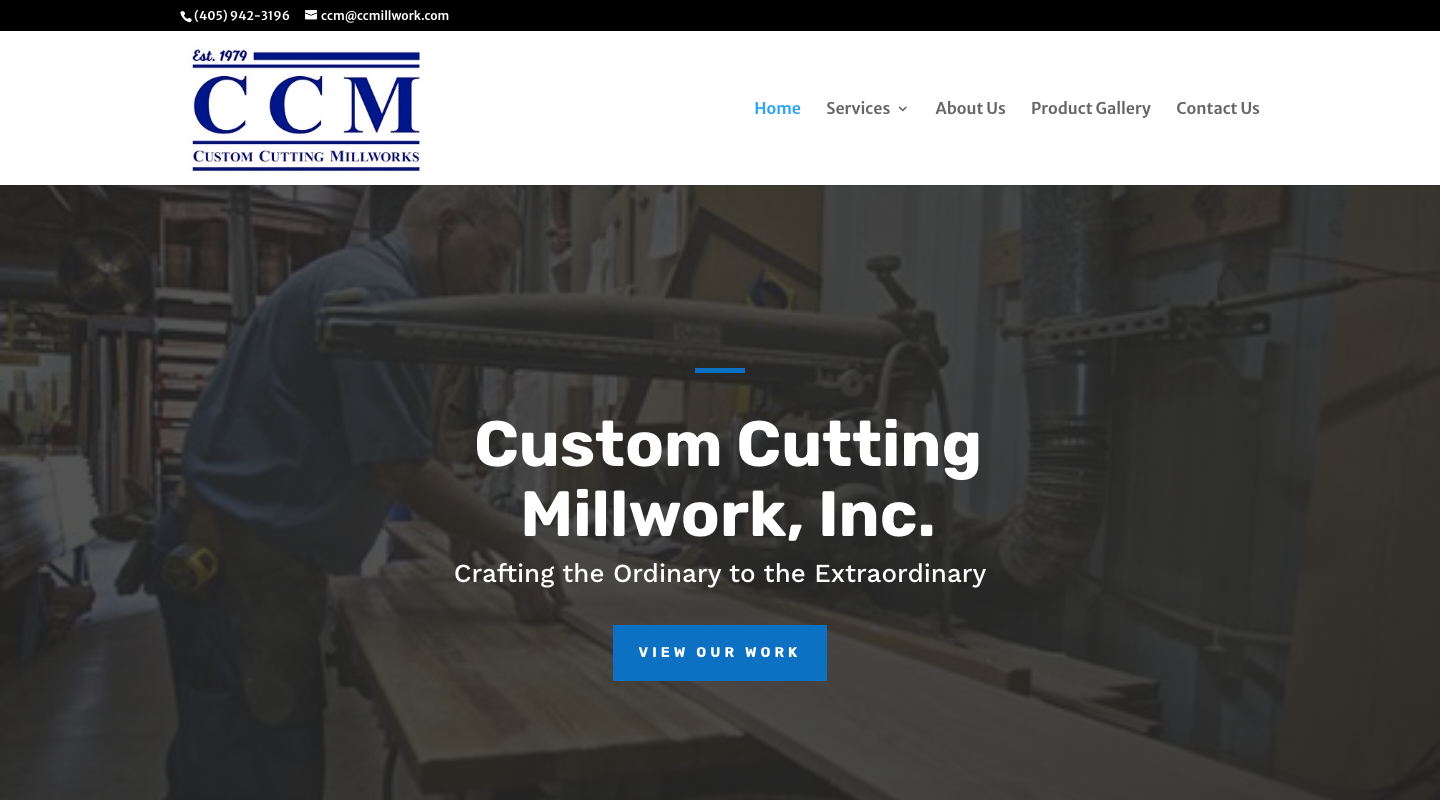 Homepage of Custom Cutting Millwork, with a workshop photograph and the line Crafting the Ordinary to the Extraordinary.